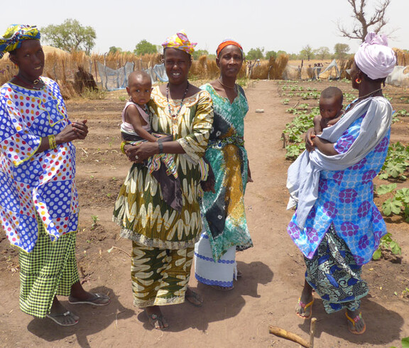 Frauen mit ihren Kindern stehen in einem landwirtschaftlichen Projekt in der Region Tambacounda, Senegal.