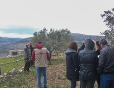 Gruppe diskutiert im Olivenhain unter Anleitung des Caritas-Teams Methoden der Umweltbewertung