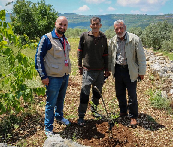 Caritas-Mitarbeiter mit zwei Bauern neben einem frisch gepflanzten Olivenbaum auf einem Feld in Latakia