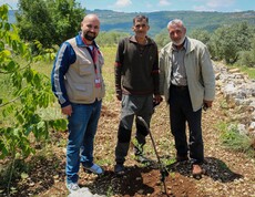 Caritas-Mitarbeiter mit zwei Bauern neben einem frisch gepflanzten Olivenbaum auf einem Feld in Latakia